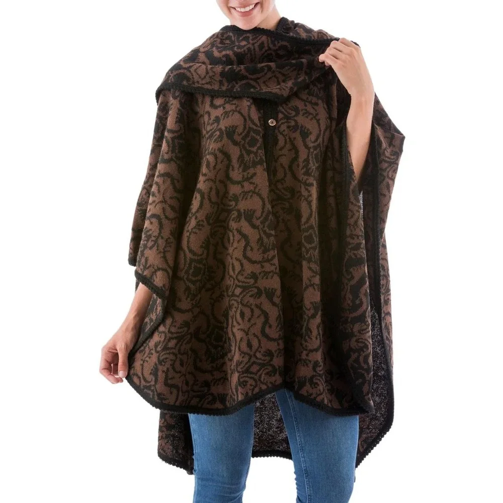 NOVICA Alpaca Ruana Button Front Poncho‎ Cloak Black Brown One Size Layering